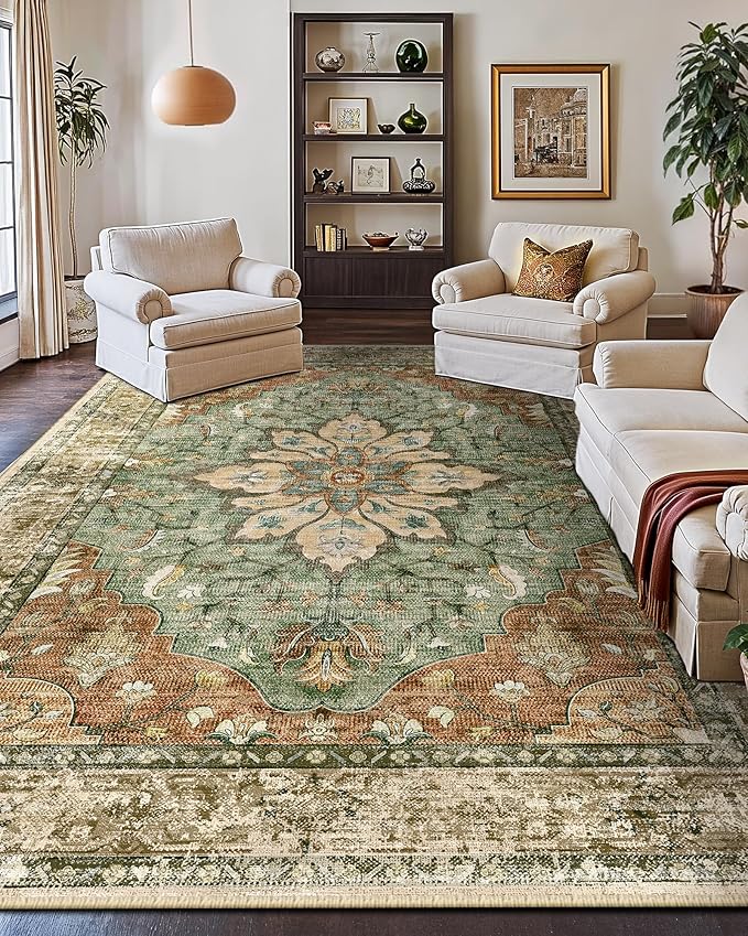 RELEANY Area Rugs 10'x14' Washable Non-Slip, Floral Vintage Distress Print Pattern Medallion Carpet for Living Room Bedroom Dining Room, Brick Red Rust Neutral Brown Burnt Orange Green
