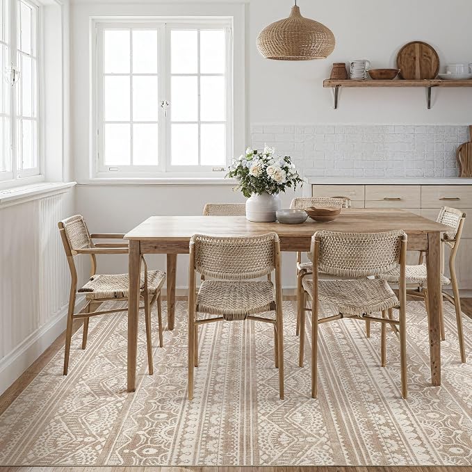 Tortania Area Rug Living Room Rugs - 5x7 Washable Large Soft Neutral Boho Moroccan Bohemian Farmhouse Rug Indoor Floor Carpet for Bedroom Under Dining Table Home Office Decor - Light Brown