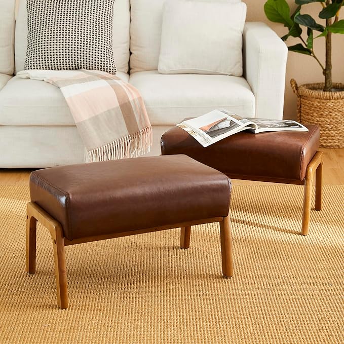 Glitzhome Rectangle Ottoman Bench Set of 2, Modern Coffee Leatherette Footstool with Walnut Rubberwood Legs for Living Room, Bedroom