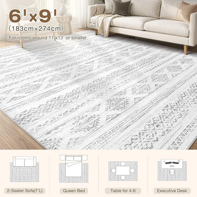 Tortania Area Rug Living Room Rugs - 6x9 Washable Large Soft Neutral Boho Moroccan Bohemian Farmhouse Rug Indoor Floor Carpet for Bedroom Under Dining Table Home Office Decor - Ivory Gray