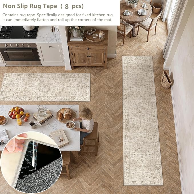 2 Piece Washable Kitchen Rug Set Beige Vintage Runner Mats Non-Slip Soft Low Pile Farmhouse Area Rugs for Floor Sink Laundry Bedroom Bathroom Living Room, 2x3 + 2x6