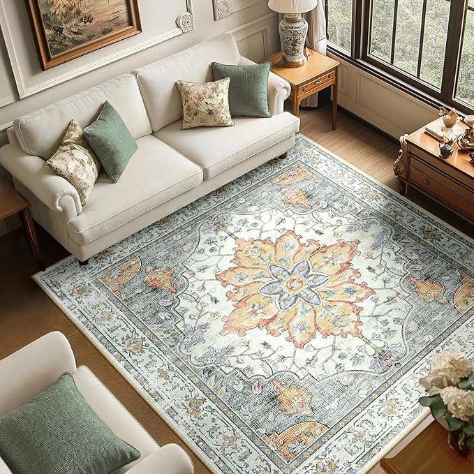 RELEANY Area Rugs Square 6ft Washable Non-Slip, Floral Vintage Distress Print Pattern Medallion Carpet for Living Room Bedroom Dining Room, Light Yellow Carbon Grey Orange