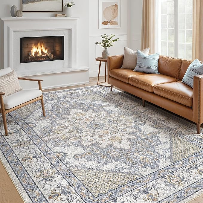 Tortania Area Rug Living Room Rugs - 5x7 Washable Boho Rug Vintage Oriental Distressed Farmhouse Large Thin Indoor Carpet for Living Room Bedroom Under Dining Table Home Office - Blue Beige