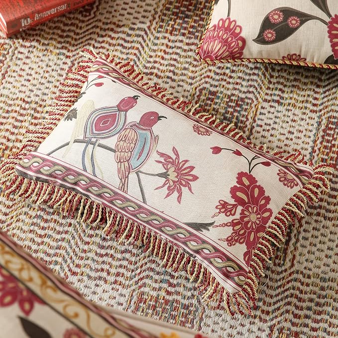 patdrea Vintage Linen Throw Pillow Cover,12"x20",Set of 2-Schumacher E | Elegant French Decorative Pillow Case,Bird Pattern with Fringe Trim,Cushion Coverfor Couch Living Room Bedroom Sofa