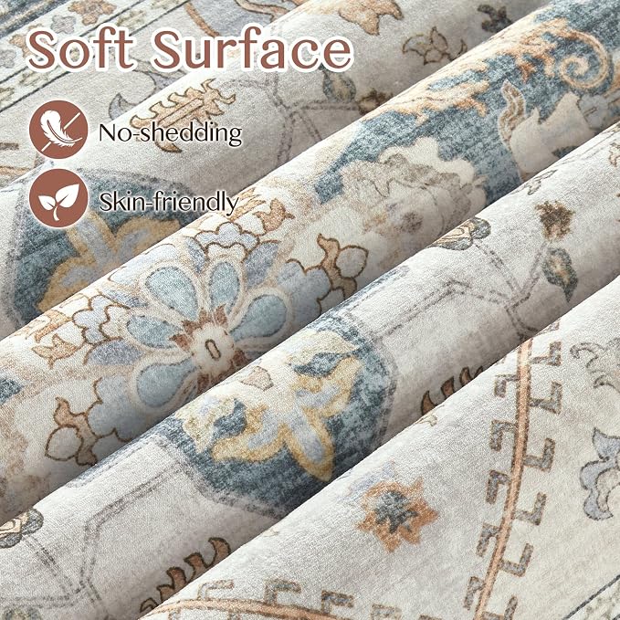 Tortania Area Rug Living Room Rugs - 8x10 Washable Boho Rug Vintage Oriental Distressed Farmhouse Large Thin Indoor Carpet for Living Room Bedroom Under Dining Table Home Office - TealTaupe