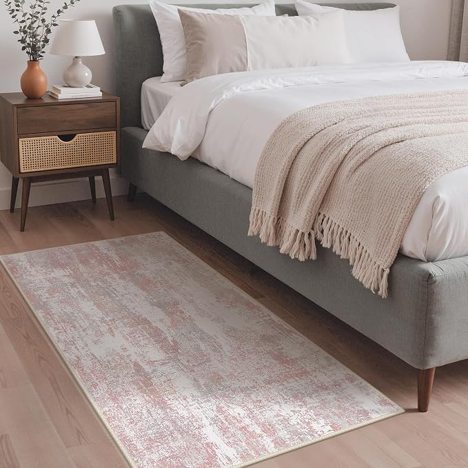 BEIMO Area Rugs 3x5 for Living Room Bedroom, Modern Abstract Machine Washable Rug, Soft Low Pile Floor Carpet with Non Slip Backing for Entryway, Pink/Grey