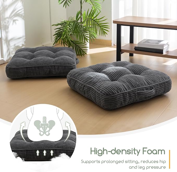 HIGOGOGO Floor Pillow Cushion for Adults, Meditation Cushion Pillow, Large Square Floor Sitting, Tufted Corduroy Cover, for Tatami Living Room or Yoga, 22x22 Inch, 2Pack, Dark Grey