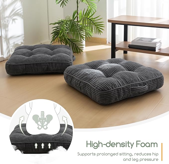 HIGOGOGO Floor Pillow Cushion for Adults, Meditation Cushion Pillow, Large Square Floor Sitting, Tufted Corduroy Cover, for Tatami Living Room or Yoga, 22x22 Inch, Dark Grey