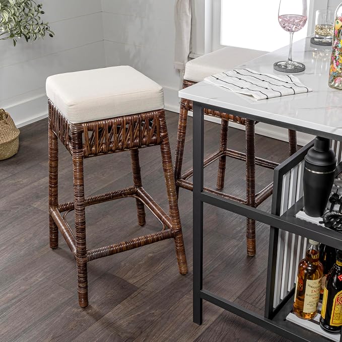 JONATHAN Y Bali 29.5" Woven Rattan Backless Bar Stool with Cushion, Bohemian Dark Brown Stool with Footrest for Kitchen Island, Home Bar, and Dining Room BSL1100A