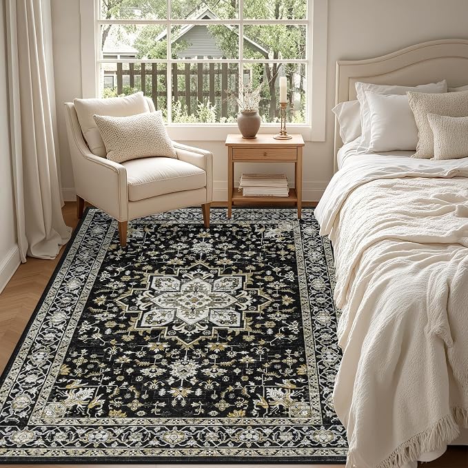 6x9 Area Rugs Living Room Rug: Washable Vintage Boho Medallion Rug No Slip Stain Resistant Soft Carpet Indoor Large Carpets for Bedroom Dining Room Farmhouse Nursery Hallway Home Office Black Gold