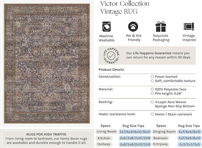 HUGEAR Area Rugs 5x7 Blue Brown Washable Rug for Living Room Bedroom Neutral Vintage Rug Carpet Distressed Soft Durable Non Slip No Shedding for Indoor Dining Nursery Farmhouse