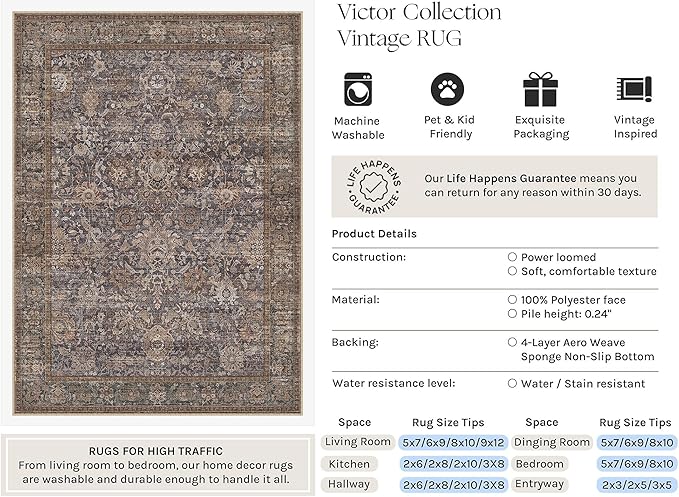 HUGEAR Area Rugs 8x10 Blue Brown Washable Rug for Living Room Bedroom Large Neutral Vintage Rug Carpet Distressed Soft Durable Non Slip No Shedding for Indoor Dining Nursery Farmhouse