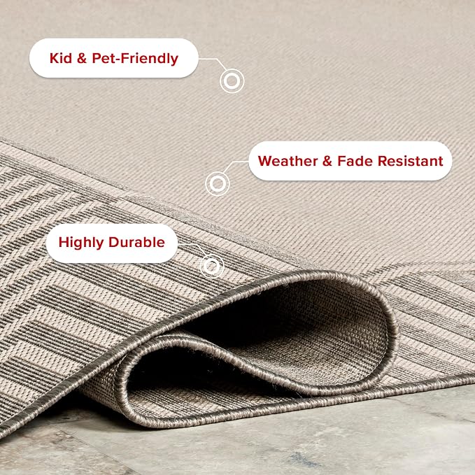 Nuloom Asha Light Grey/Ivory, 2' x 8', Casual, Striped Border, Soft and Cozy, High Traffic, Easy Clean, Durable Runner for Indoor/Outdoor Patio, Deck, Porch, Garden, Courtyard