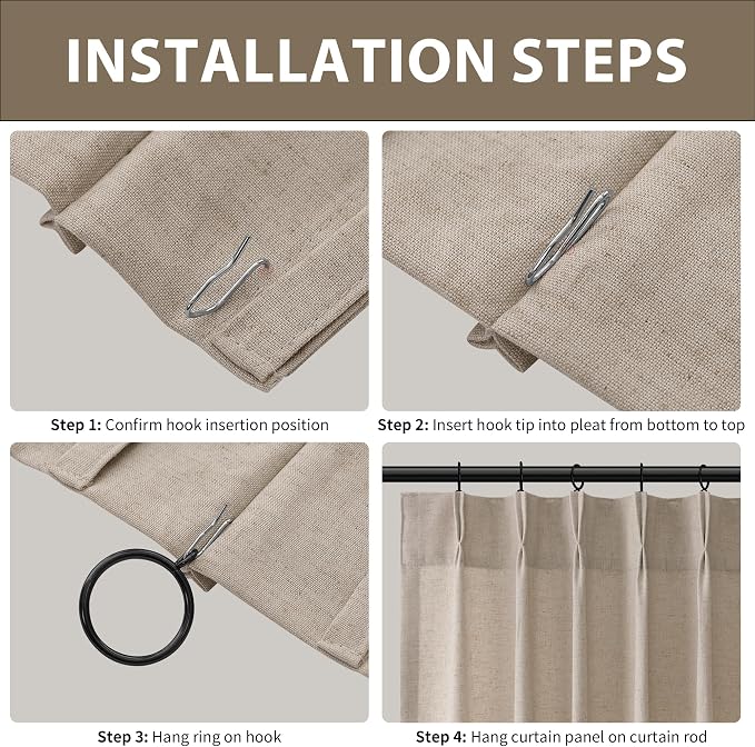 Light Khaki Pinch Pleated Linen Curtains 96 Inch Length 2 Panels for Living Room Bedroom Country Farmhouse Window Privacy Light Filtering Semi Sheer Back Tab Drapes with Hooks for Dining Room 40x96