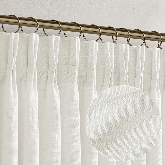 Natural Cream Semi Sheer Pinch Pleated Linen Curtains 92 Inch Long | Beige Ivory Neutral, Light Filtering Privacy, Bedroom Living Room, Flax Linen Textured, Hook Rings Memory Shape, Boho Modern