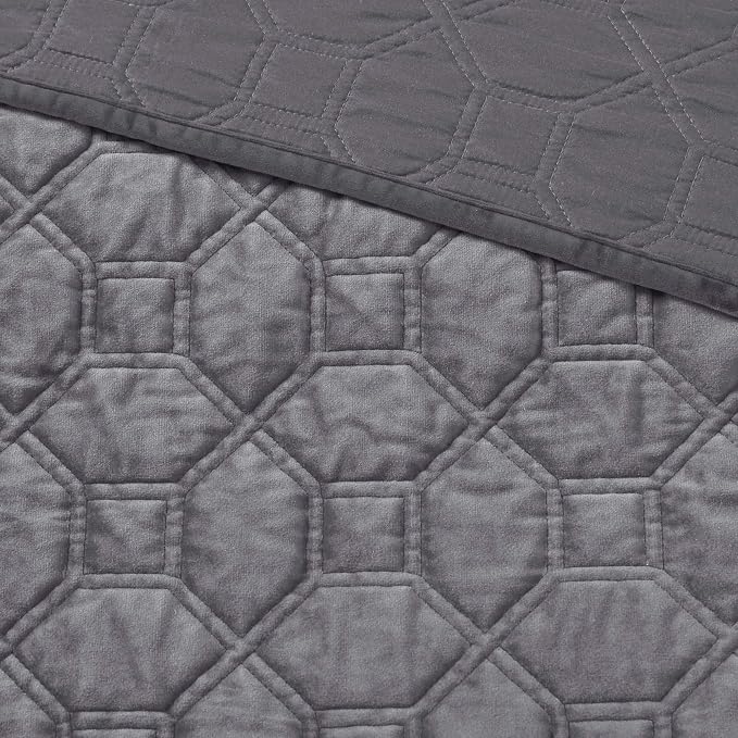 Madison Park Harper Quilt Set Velvet Casual Geometric Stitching Design All Season, Lightweight Coverlet, Cozy Bedding, Matching Shams, King/Cal King(104"x94"), Grey 3 Piece