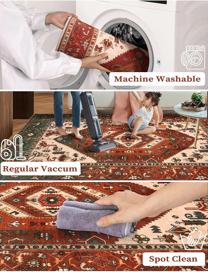 SERISSA Runner Rug for Hallways, 2'6"x10' Washable Non Slip Kitchen Runner Rug, Long Boho Rug Vintage Terracotta Green Hallway Stair Ultra Soft Print Floor Carpet for Bedroom Bathroom Laundry Room