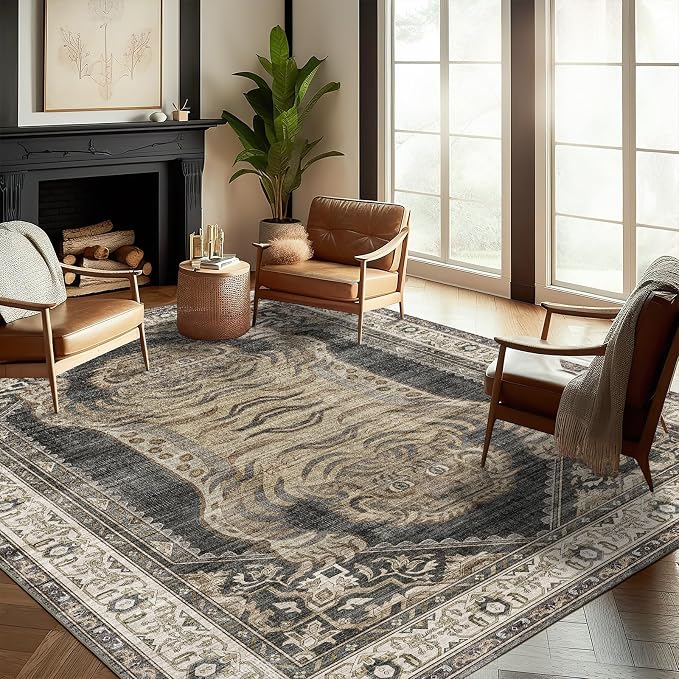 CHAMPLANT Washable Area Rug 9'x12' Retro Boho Design Non-Shedding Easy Care Ideal for High Traffic Areas in Living Room Bedroom Office Coffee Table Kitchen Large Carpet