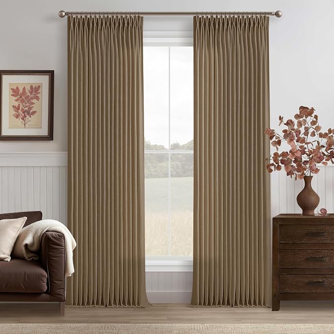 Brown Linen Pinch Pleat Curtains 108 Inches Long 2 Panels for Living Room Bedroom 9 ft Farmhouse Boho Light Filtering Pleated Drapes Semi Sheer Memory Shape Trained Ceiling Floor Curtain Dutch Cocoa