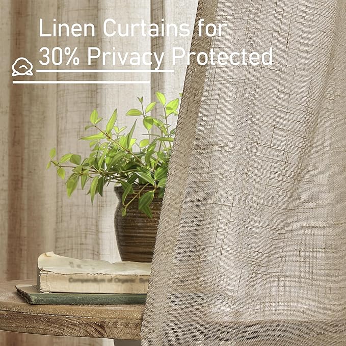 LAMIT Sheer Linen Curtains 63 Inch for Bedroom, Light Filtering Country Decor Semi Sheer Farmhouse Boho Curtains Back Tab and Rod Pocket Living Room Panels, Taupe, 2 Panels, 52 x 63 Inch
