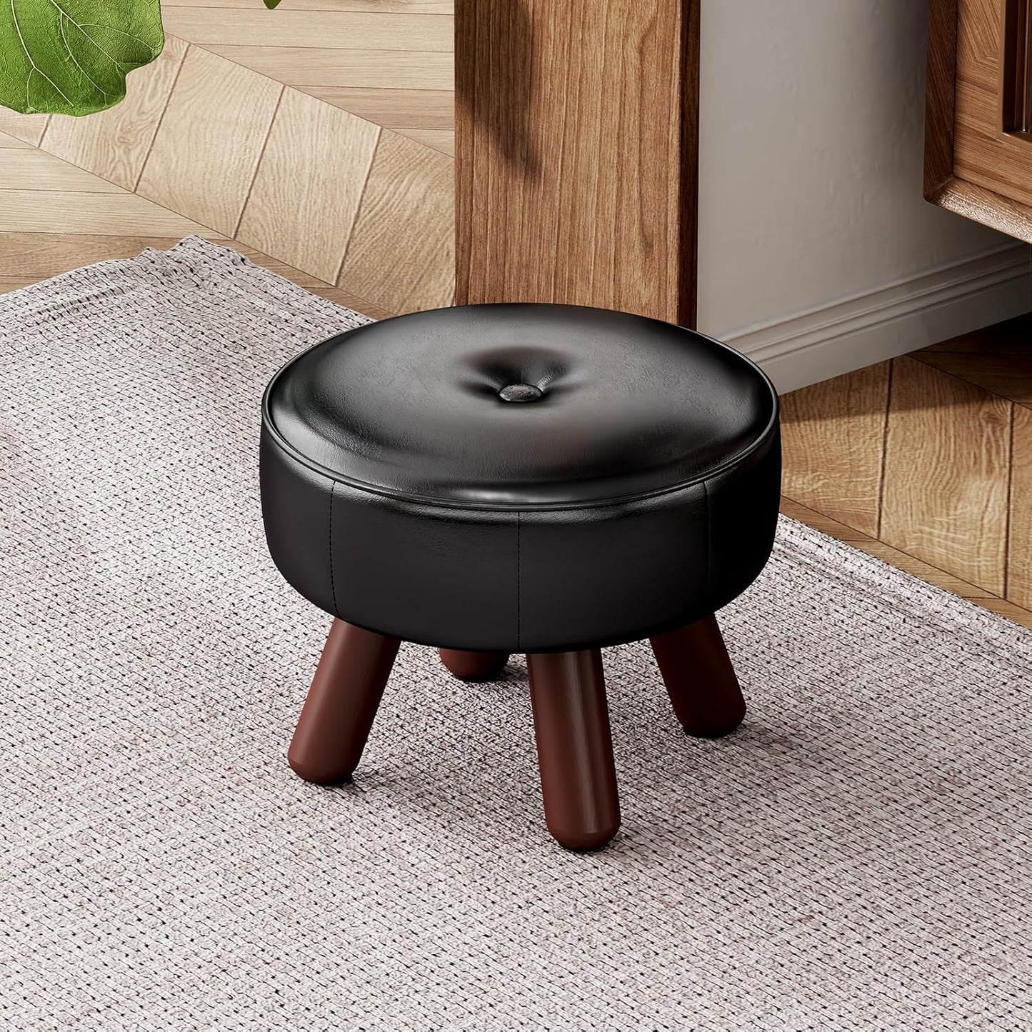 13in Small Foot Stool Ottoman, Round Faux Leather Foot Rest, Footstool Ottomans with Rubber Legs Under Desk, Footrest for Couch, Living Room, Bedroom, Office, 13''L x 13''W x 10.2''H, Black