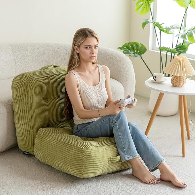 HIGOGOGO 8" Extra Thick Floor Pillow Cushion for Adults, Meditation Cushion Pillow, Large Square Floor Sitting, Tufted Corduroy Cover, for Tatami Living Room or Yoga, 2Pack, Green