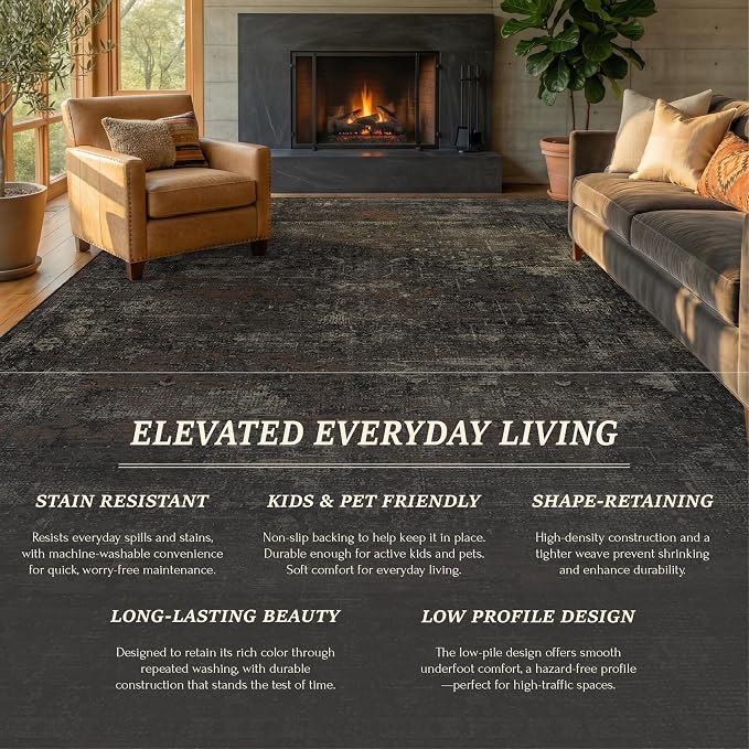 TALANOVA Modern Farmhouse Black Washable 9x12 Area Rug for Living Room & Dining Room, Abstract Non Slip Low Pile Rug for Bedroom, Dark Charcoal Stain Resistant Large Décor
