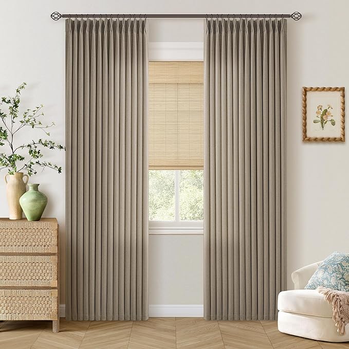 Dark Flax Pinch Pleated Sheer Curtains 80 Inches Long 2 Panles for Living Room Bedroom Memory Trained Light Brown Linen Textured Window Drapes Light Filtering Privacy Curtain 40x80 Inch Length