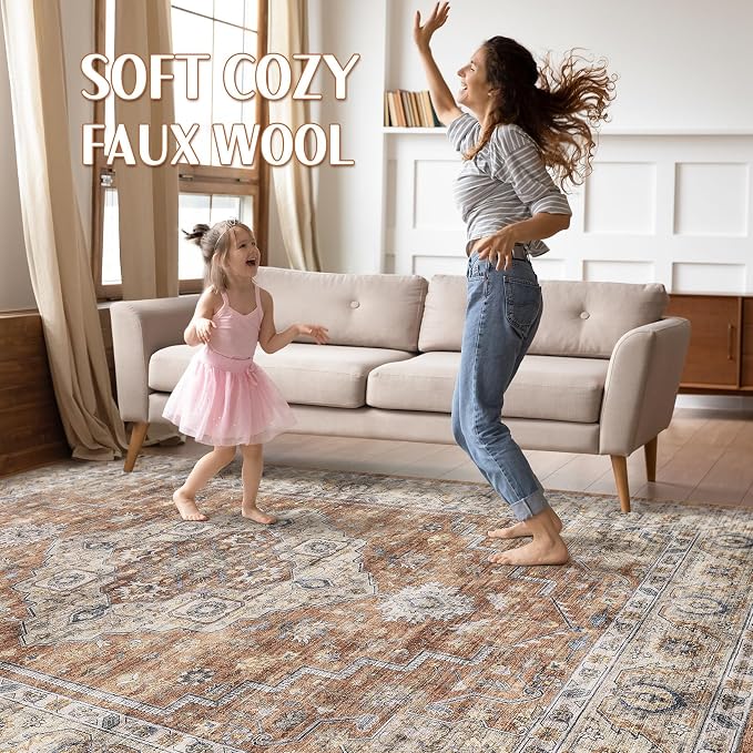 6x8 Area Rug Living Room: Washable Boho Large Neutral Vintage Soft Rug Stain Resistant Farmhouse Non-Slip Indoor Floor Carpet for Bedroom Nursery Kids Playroom Office Dining Room- Terracotta