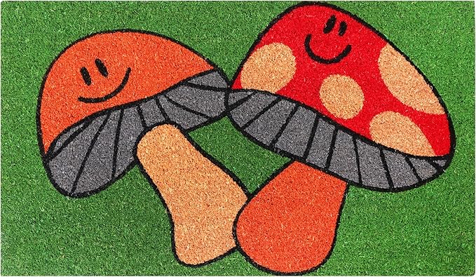 A1HC Natural Coco Coir Door Mat Dancing Mushroom Doormat with Heavy Duty Non-Slip PVC Backing - 18" x 30" - Easy to Clean, Welcome Mat for Home, Low-Profile Durable Doormat