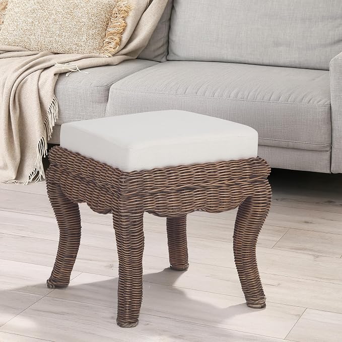 JONATHAN Y Rowan Woven Rattan Vanity Stool with White Cushion, 18.5" Coastal Backless Makeup Chair for Bedroom & Bathroom, Black Wash Mango Wood Wicker Ottoman Footrest VSL1000B