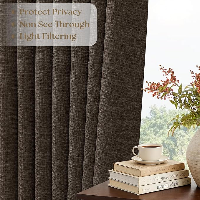 Dark Brown Curtains 108 Inches Long 2 Panels Set Pinch Pleated Linen Drapes for Living Room Bedroom Neutral Boho Farmhouse Luxury Back Tab Pinch Pleat Light Filtering Sheer Curtains 40x108 Length