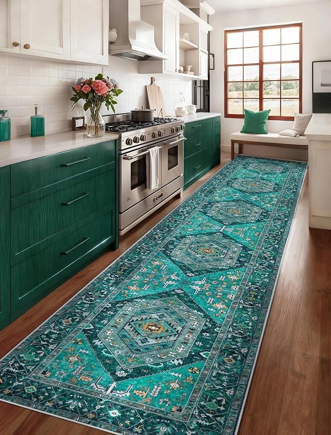 SERISSA Runner Rug for Hallways, 2'6"x14' Washable Non Slip Kitchen Runner Rug, Extra Long Boho Rug Ultra Soft Vintage Teal Print Floor Carpet for Bedroom Hallway Entryway Bathroom Laundry Room