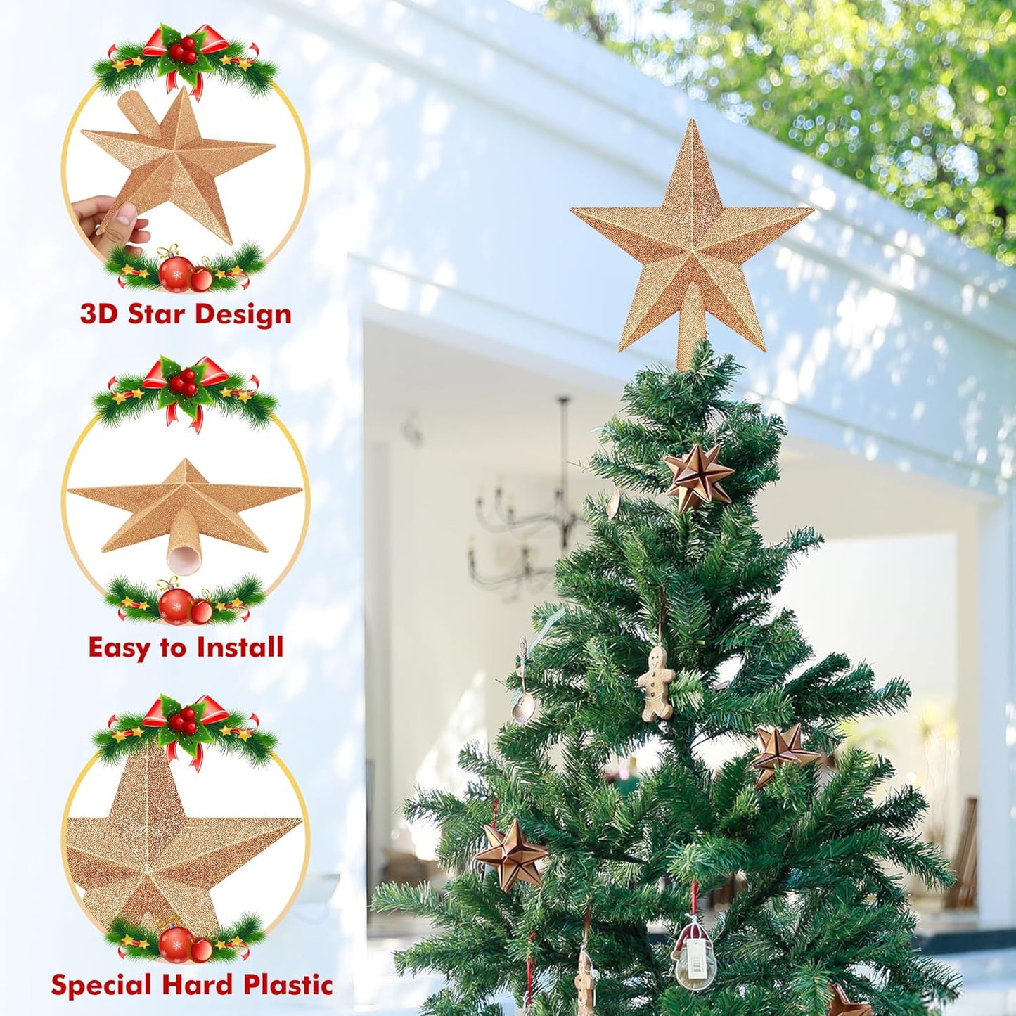 Christmas Tree Star Topper, 8" Champagne Xmas Star Tree Decorations, 3D Shatterproof Bethlehem Star Tree Topper Decorations, Waterproof Xmas Tree Topper Decor for Christmas Home Outdoor Ornament