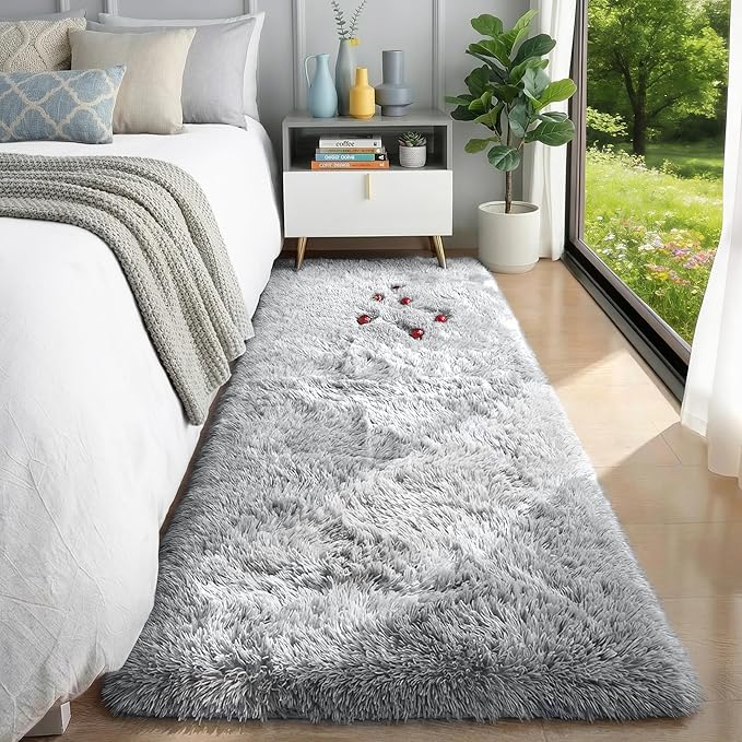 PAGISOFE Grey Runner Rugs for Hallway 2x6 Ft, Super Soft Fluffy Rug Home Decor Aesthetic, Fuzzy Plush Long Bedside Rugs, Plush Shag Carpet for Bedroom, Kids Room, Teen Dorm Nursery Room Decor