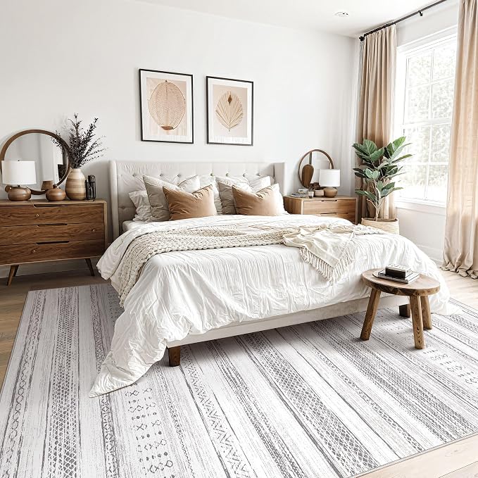 Tortania Area Rug Living Room Rugs - 9x12 Washable Large Soft Neutral Boho Moroccan Bohemian Farmhouse Rug Indoor Floor Carpet for Bedroom Under Dining Table Home Office Decor - Light Grey