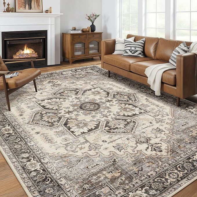 12x18 Area Rugs for Living Room - Large Carpet Ultra Thin Soft Washable Oriental Vintage Floral Distressed Big Indoor Carpets for Bedroom Nursery Dorm Home Decor Aesthetic - Grey Brown