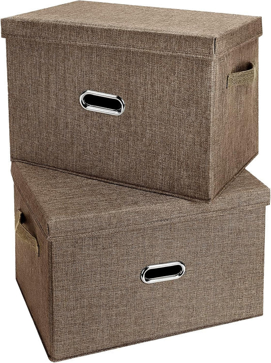 Large Linen Fabric Foldable Storage Bins with Removable Lid and Handles, Washable Storage Box Organizer Containers Baskets Cube with Cover for Bedroom,Office (Coffee, Extra Large(2-Pack))
