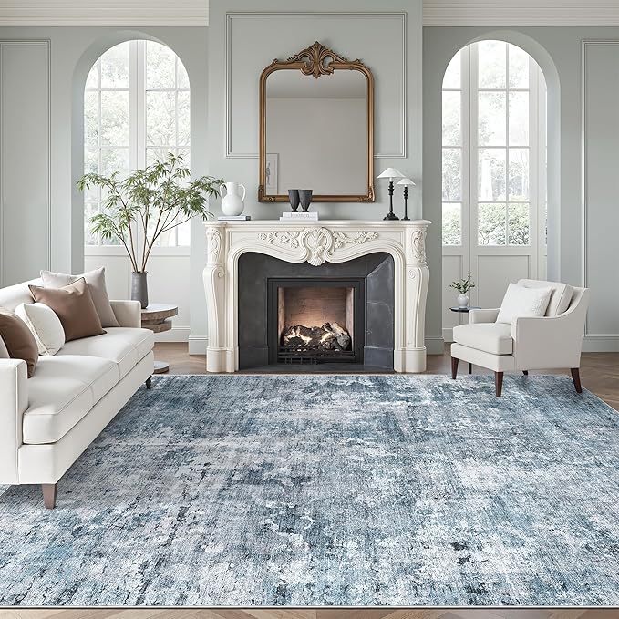 Soalmost 9x12 Area Rugs for Living Room, Abstract Non Slip Machine Washable Vintage Rugs, Low Pile Lightweight Large Rug for Bedroom, Dining Room, Home Office Blue