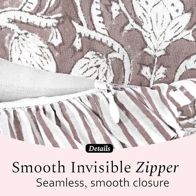 CPC Mocha Regal Hand Block Print 100% Cotton Ruffle Throw Pillow Cover 18x18 inch with Hidden Zipper Decorative for Couch, Bed, Sofa, Farmhouse, Cottagecore Decor Gift Christmas Fall Thanksgiving