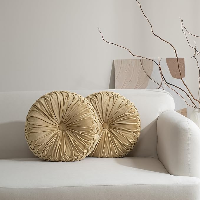 HIG Set of 2 Decorative Round Pleated Throw Pillows,Classy Accent Pumpkin Throw Pillows with Center Button,Vintage Velvet Floor Pillows for Sofa Vanity Chair Bed,Apricot,14.5" Diameter(Ripple)