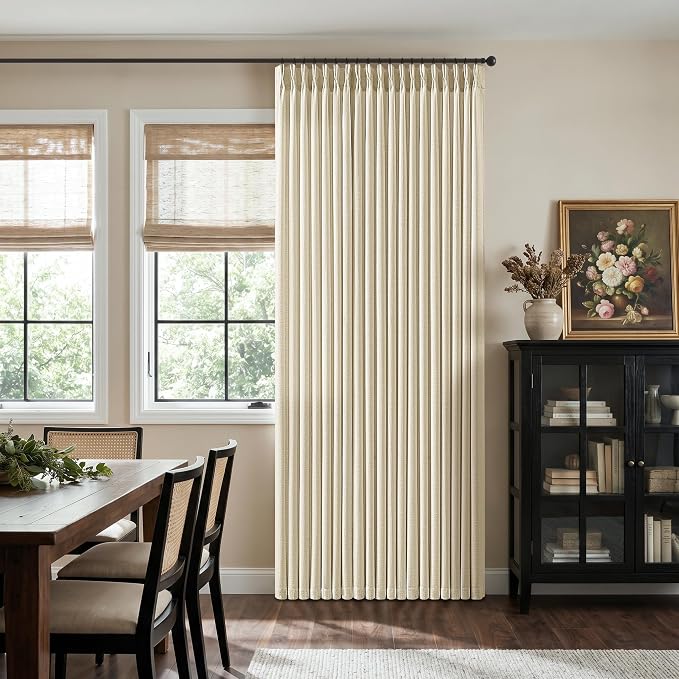 Pinch Pleated Wide Linen Curtains 70 Inch Wide 96 Inch Long 1 Panel Cream Beige Memory Trained Light Filtering Pleat Curtains for Living Room Sliding Door Patio Back Tab Burlap Drapes with Rings 8 FT
