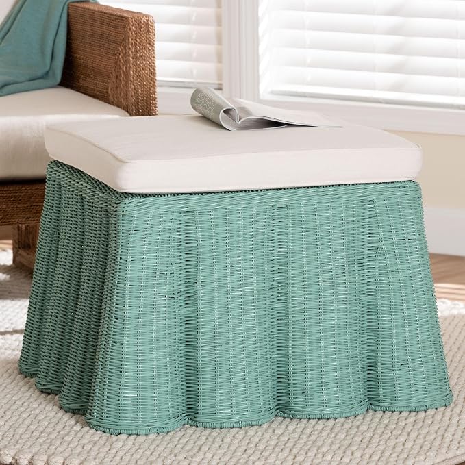 Bali & pari Palm Bohemian Seafoam Green Scallop Rattan Ottoman