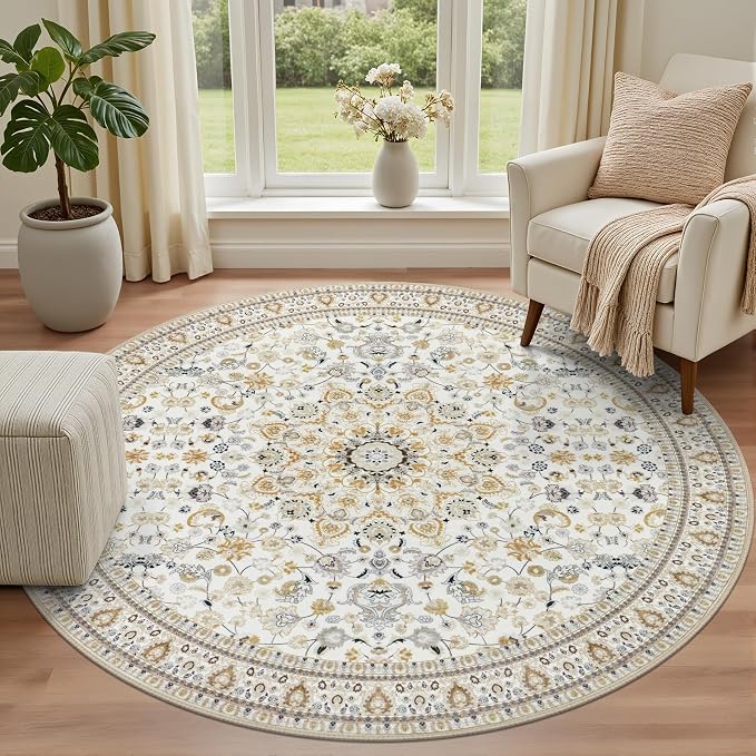 Round Area Rug for Living Room: 6ft Washable Vintage Boho Soft Thin Circle Rug Indoor Floor No Slip Stain Resistant Carpet for Bedroom Dining Room Farmhouse Nursery Home Office - Beige