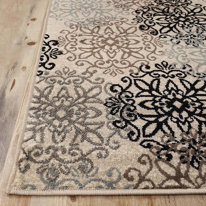 Superior Indoor Area Rug, Jute Backed, Perfect for Entryway, Office, Living/Dining Room, Bedroom, Kitchen, Hardwood Floor, Floral Scroll Decor, Leigh Collection, 9' x 12', Beige Ivory