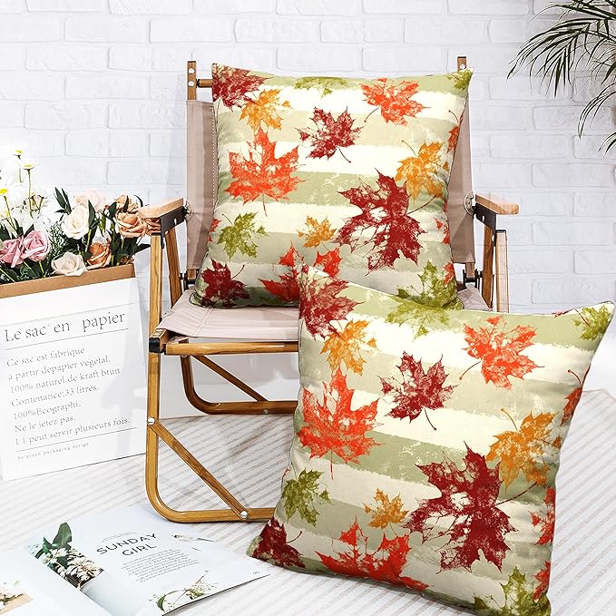 2 Pack of Thanksgiving Maple Leaves Pillow Covers 20x20 Fall Outdoor Throw Pillow Covers Green Beige White Stripes Pillow Case Autumn Cotton Linen Pillow Covers for Couch Patio Home Decor