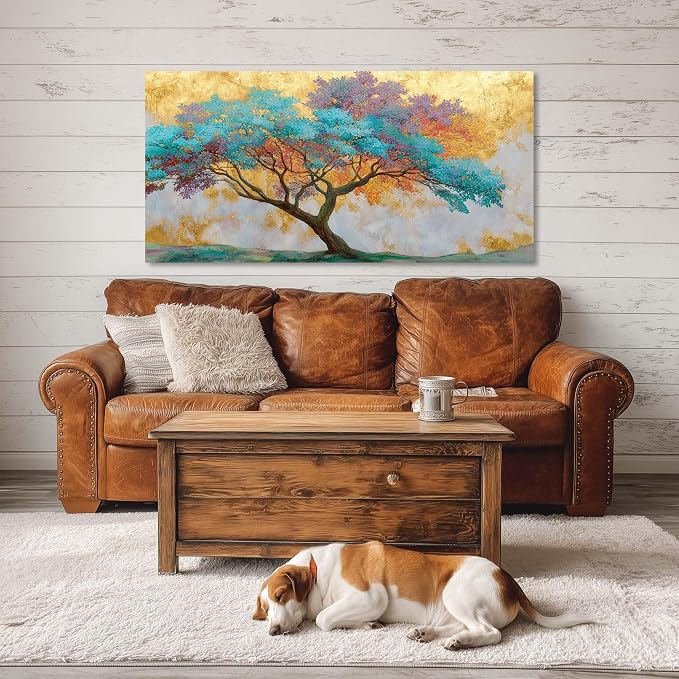 Ggaafet Gold Blue Tree Wall Art for Bedroom Canvas Oil Painting Prints Beautiful Tree of Life Art Deco Modern Artwork Office Family Dining Room Decor