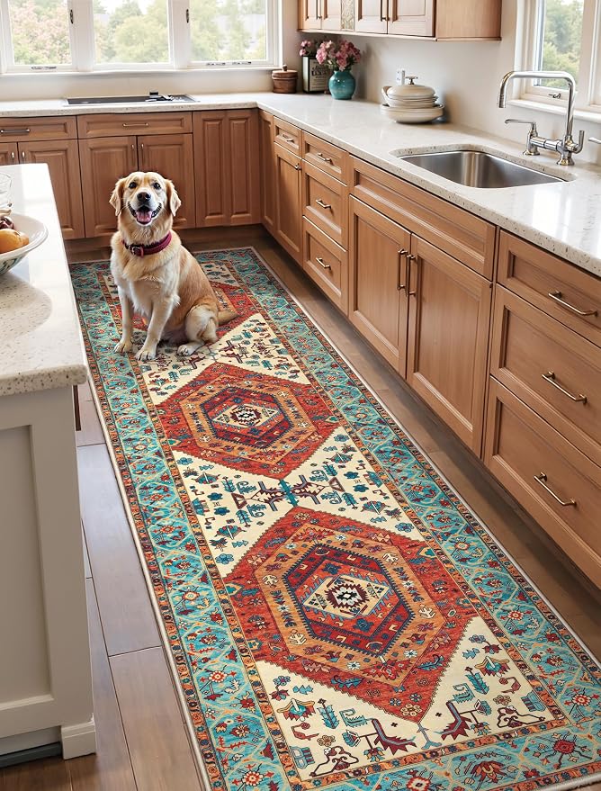 SERISSA Runner Rug for Hallways, 3x8 Washable Non Slip Kitchen Runner Rug, Long Boho Rug Vintage Orange Hallway Stair Ultra Soft Print Floor Carpet for Bedroom Bathroom Laundry Room