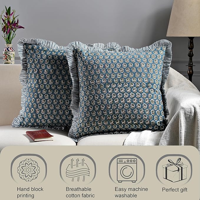 Ridhi Block Print Peacock Blue Throw Pillow Cover 24" x 24" (Pack of 2) Decorative Cushion Covers with Ruffle for Couch, Sofa, Bed, Living Room, Home Decor Gift for Spring, Easter, Valentine