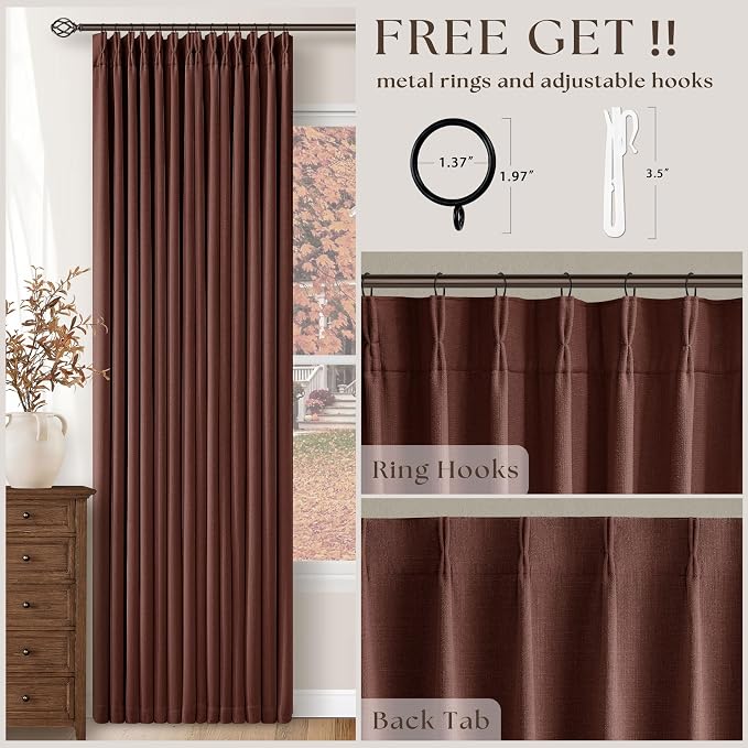 Reddish Brown Linen Blackout Pleated Curtains 90 Inches Long for Living Room Darkening Pinch Pleat 100% Black Out Drapes Thermal Insulated Soundproof Rust Brown 90 Inch Curtain for Dining Bedroom